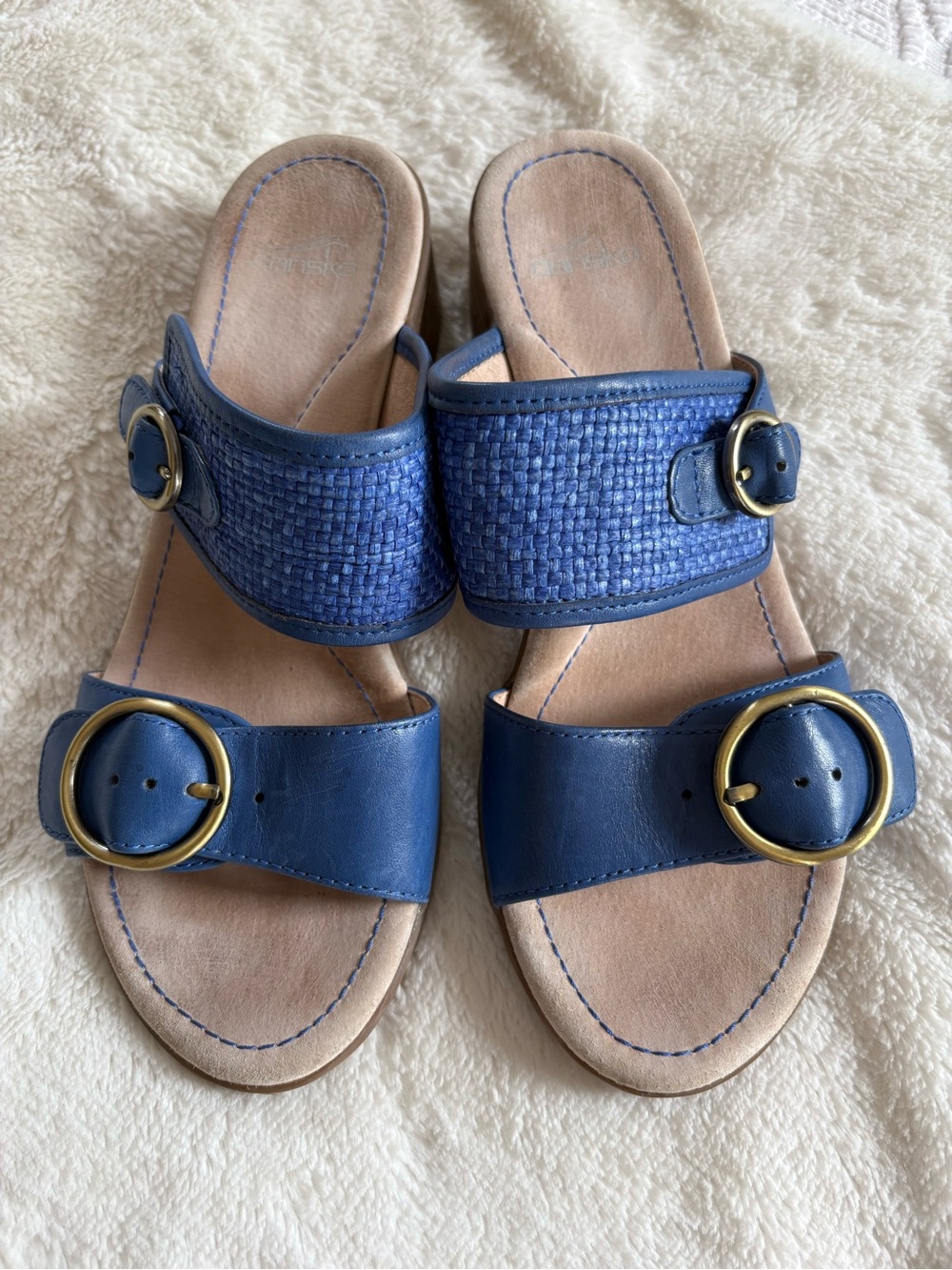 Dansko Lenny sandals double strap design woven raffia blue comfort slip on 39, 9